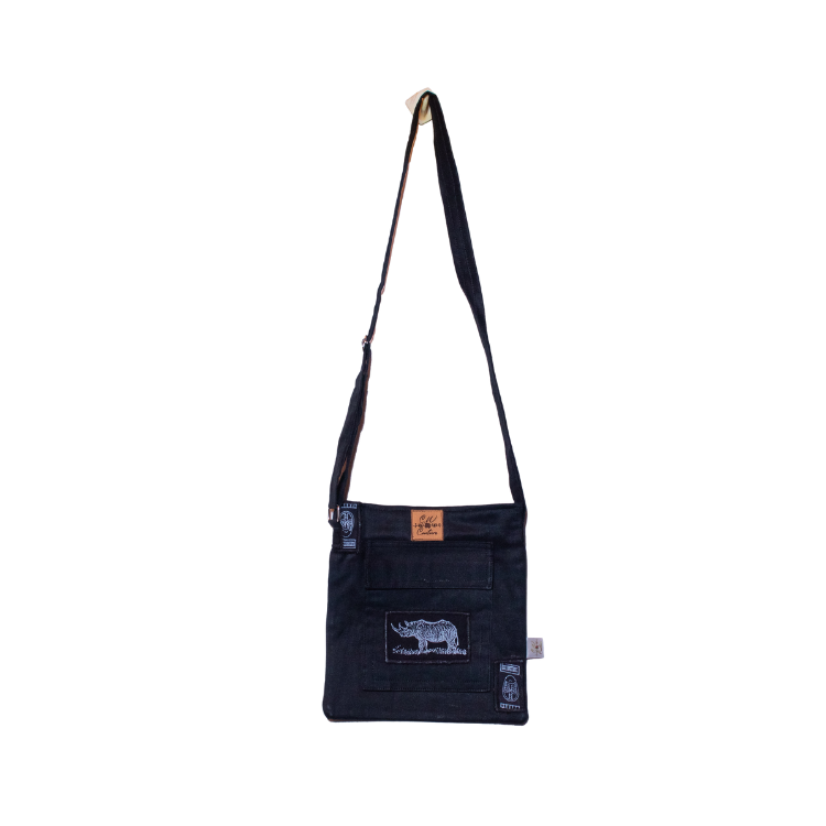 Signature Safari Unisex Black Canvas Sling Bags with Rhino