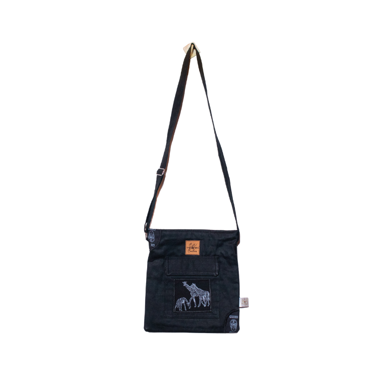 Signature Safari Unisex Black Canvas Sling Bags with Giraffe