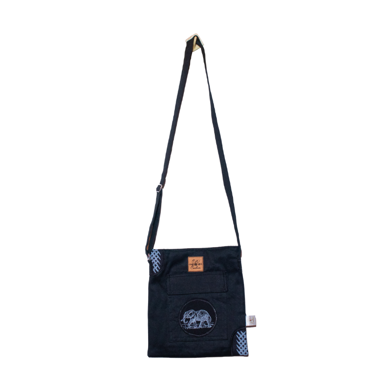 Signature Safari Unisex Navy Blue Canvas Sling Bags with Elephant Animal Print