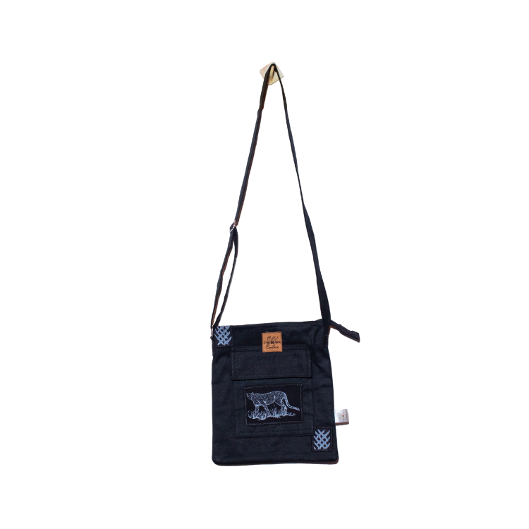 Signature Safari Unisex Black Canvas Sling Bags with Cheetah
