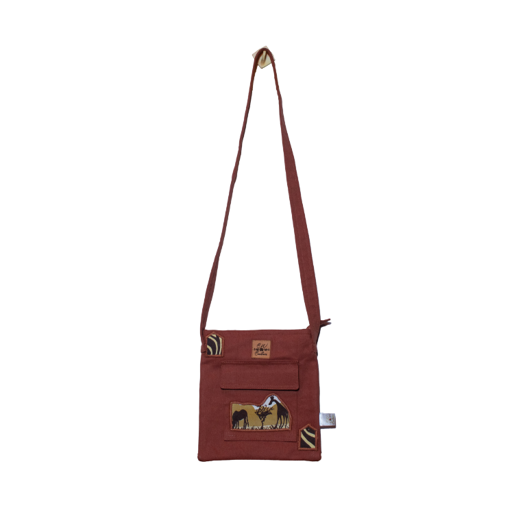 Signature Safari Unisex Brown Canvas Sling Bags with Giraffe and Zebra Silhouette