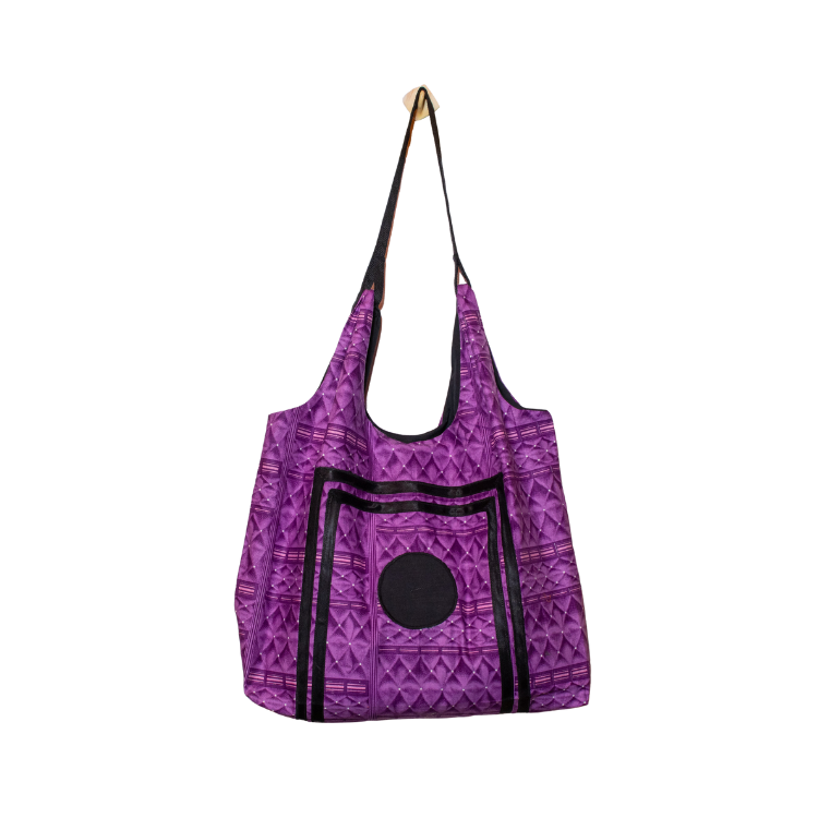 Signature Purple Floral Ankara Tote Bag with Double Framed Black Circle