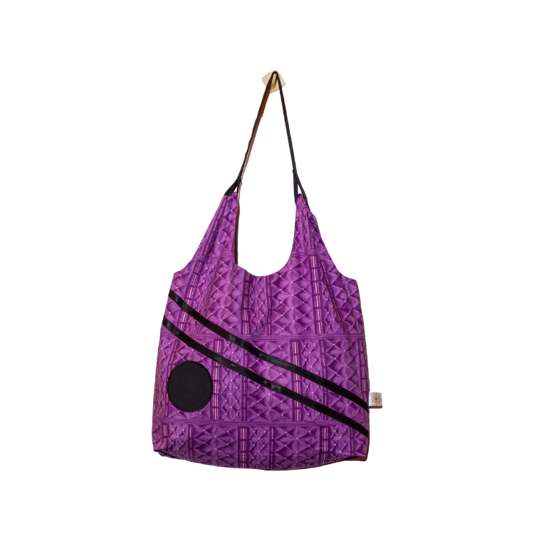 Signature Purple Floral Ankara Tote Bag with Double Diagonal and Verticle Design Circle