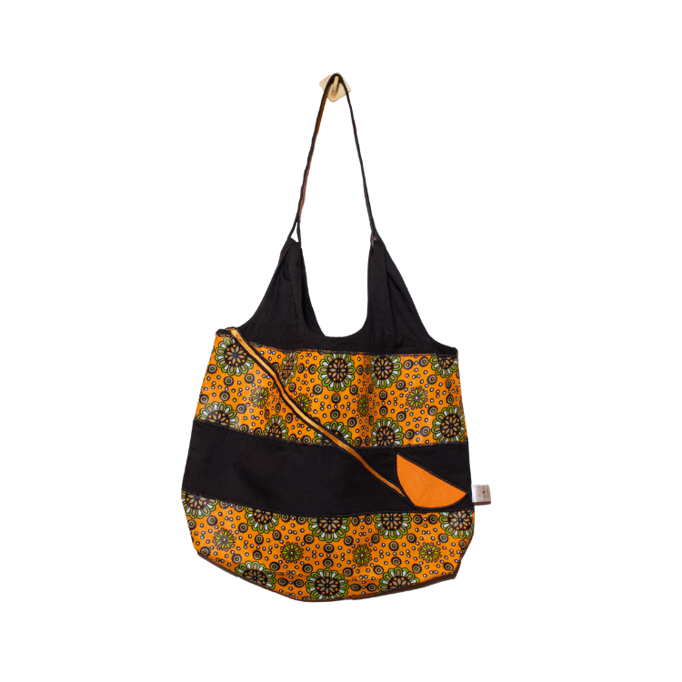 Signature Orange Floral Leso Tote Bag with Black Patch Works