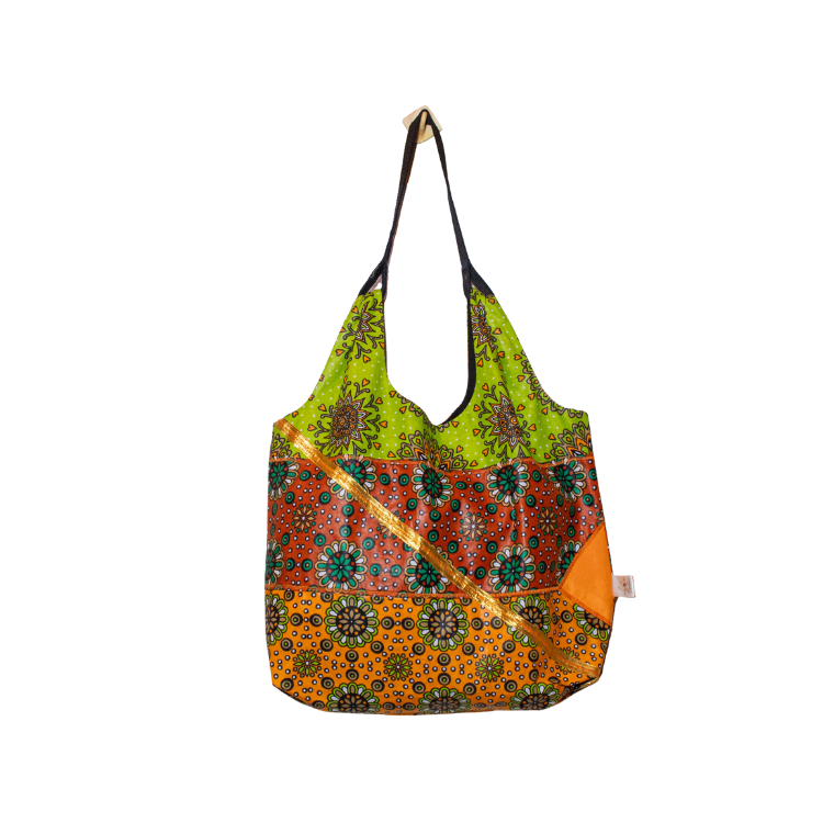 Signature Orange Green Brown Floral Leso Tote Bag with Gold strip