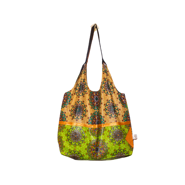 Signature Green Brown Floral Leso Tote Bag with Orange Ribbon Across