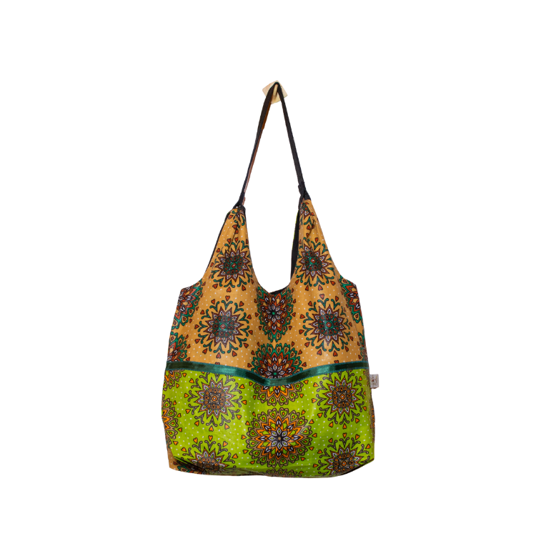 Signature Green Brown Floral Leso Tote Bag with Green Ribbon Across