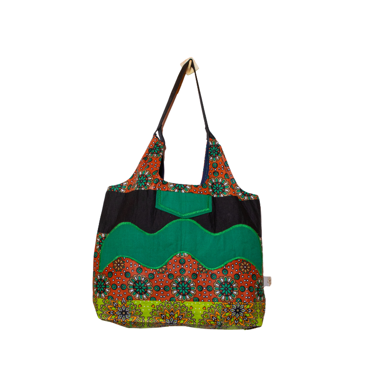 Signature Brown Floral Leso Tote Bag with Dark Green Patch Works Wave Shape