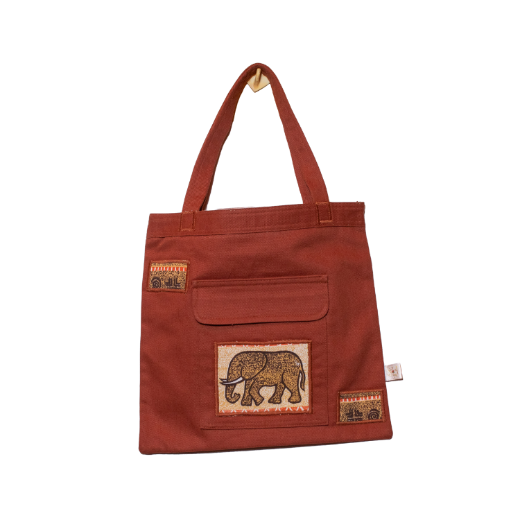 Signature Brown Canvas Cotton Tote Bags with Brown Elephant