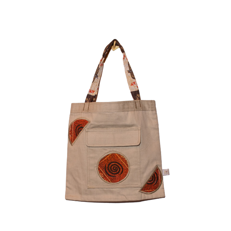 Signature Light Green Canvas Cotton Tote Bags with Orange Circular African Print with african print strap