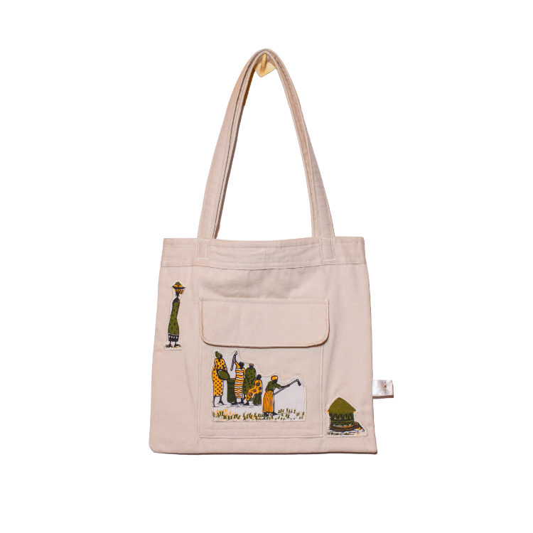 Signature Light Green Canvas Cotton Tote Bags with Brown Elephant