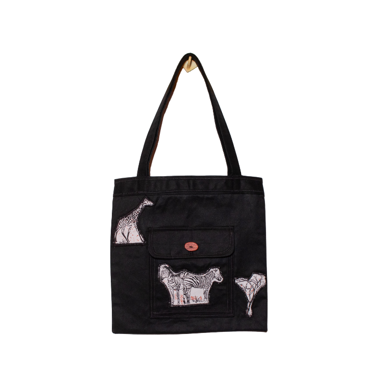 Signature Black Canvas Cotton Tote Bags with Zebra