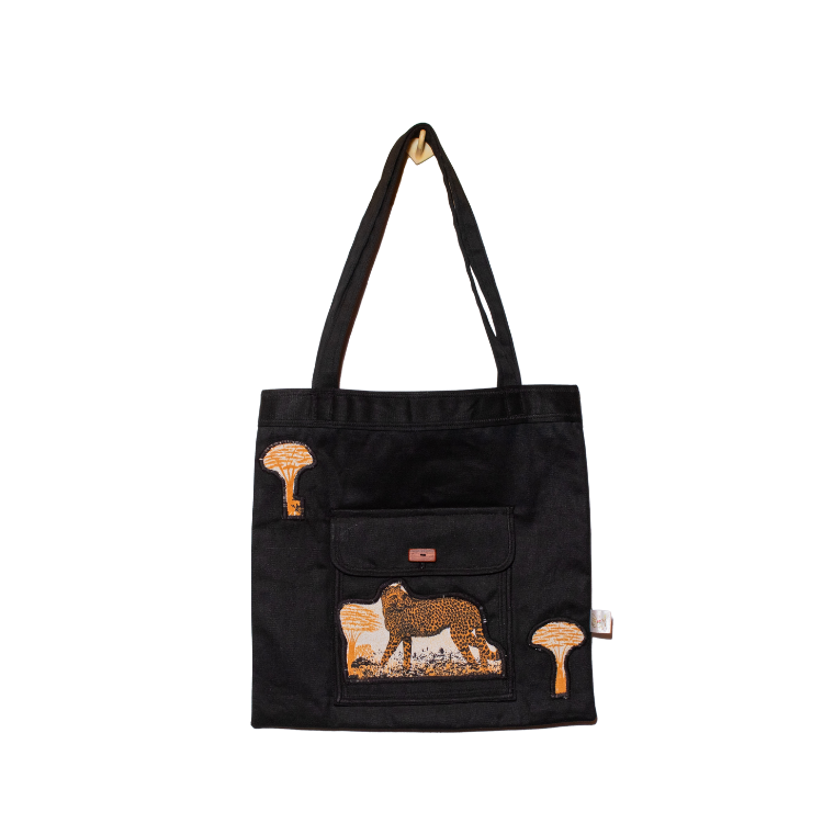 Signature Black Canvas Cotton Tote Bags with Leopard