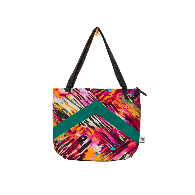 Signature Zebra Ankara Tote Bags with Single Green Inverted V Strip