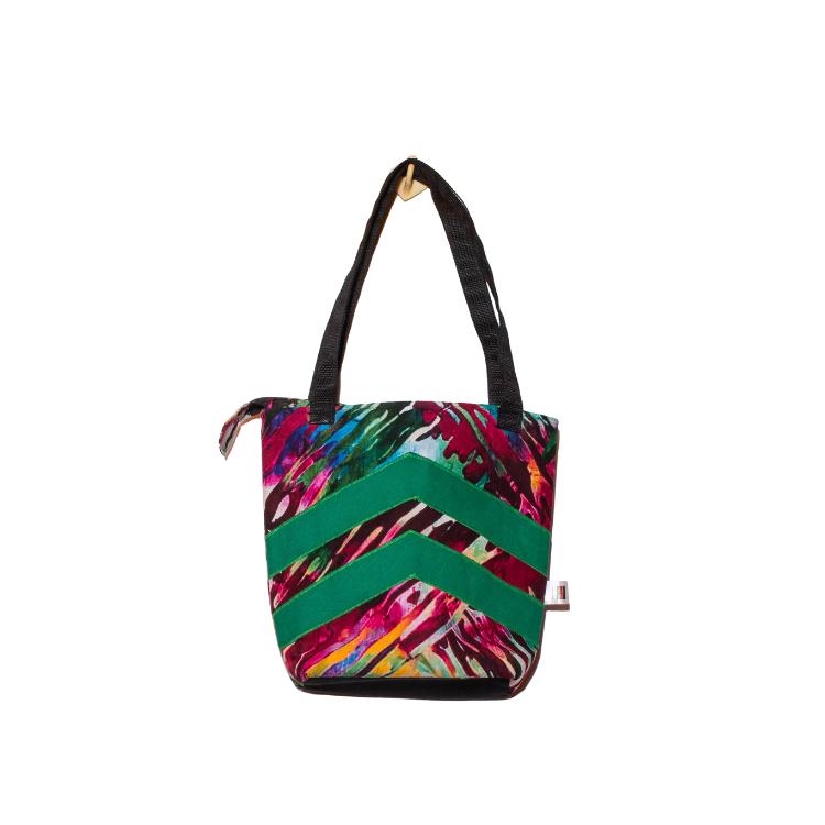 Signature Zebra Ankara Tote Bags with Double Green Inverted V Strip