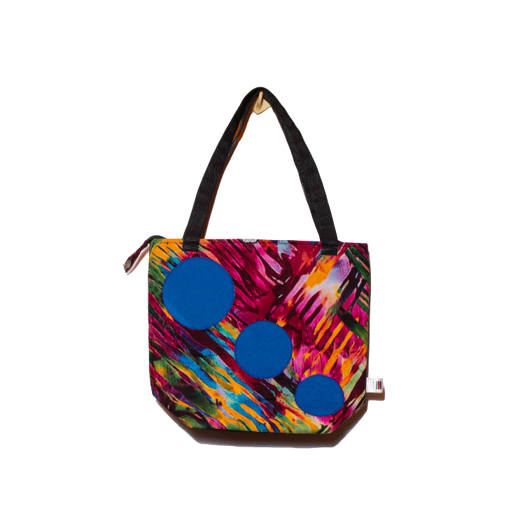 Signature Zebra Ankara Tote Bags with Triple Blue Circular Design