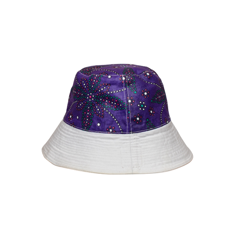 Signature Safari White Canvas Bucket Hat Two Sided with Plain and Purple Floral Leso Print