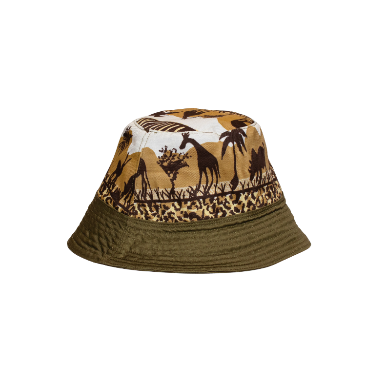 Signature Safari Jungle Green Canvas Bucket Hat Two Sided with Plain and Brown Animal Print