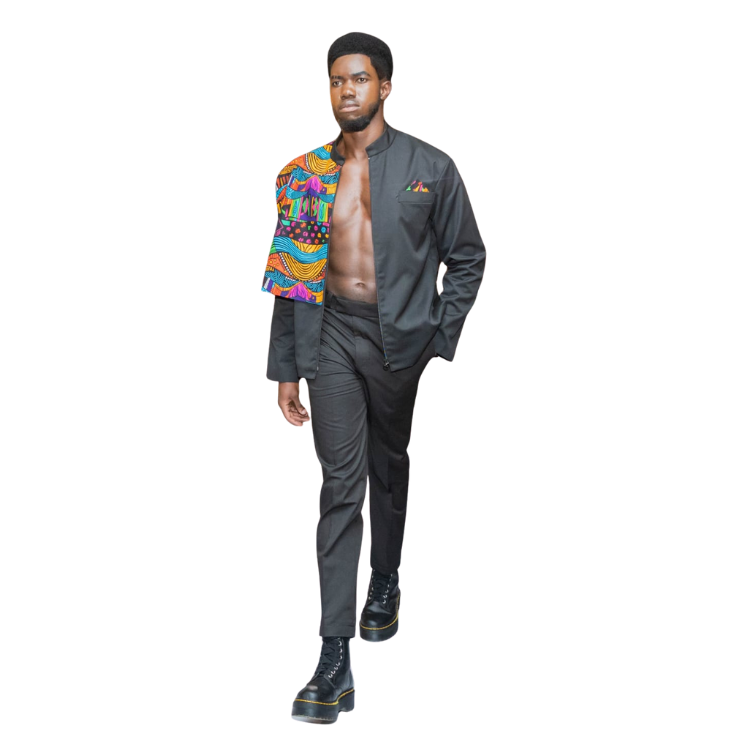 Men's Long Sleeved Black Jacket with one sided shoulder Ankara print