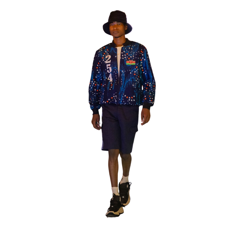 254 Blue Ankara Bomber Jacket with Kenyan Flag detail