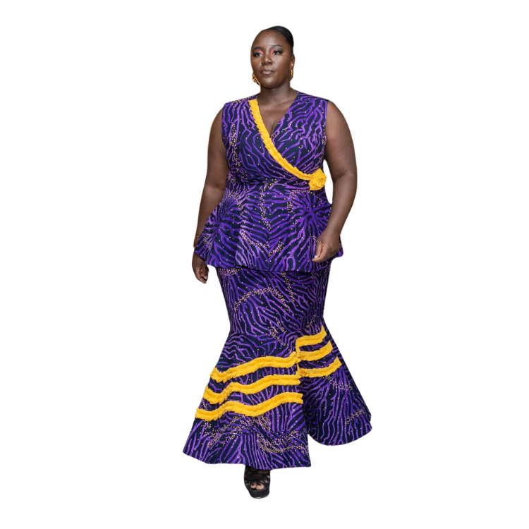 Ladies Ankara print Mermaid Gown with peplum waist and chiffon detail