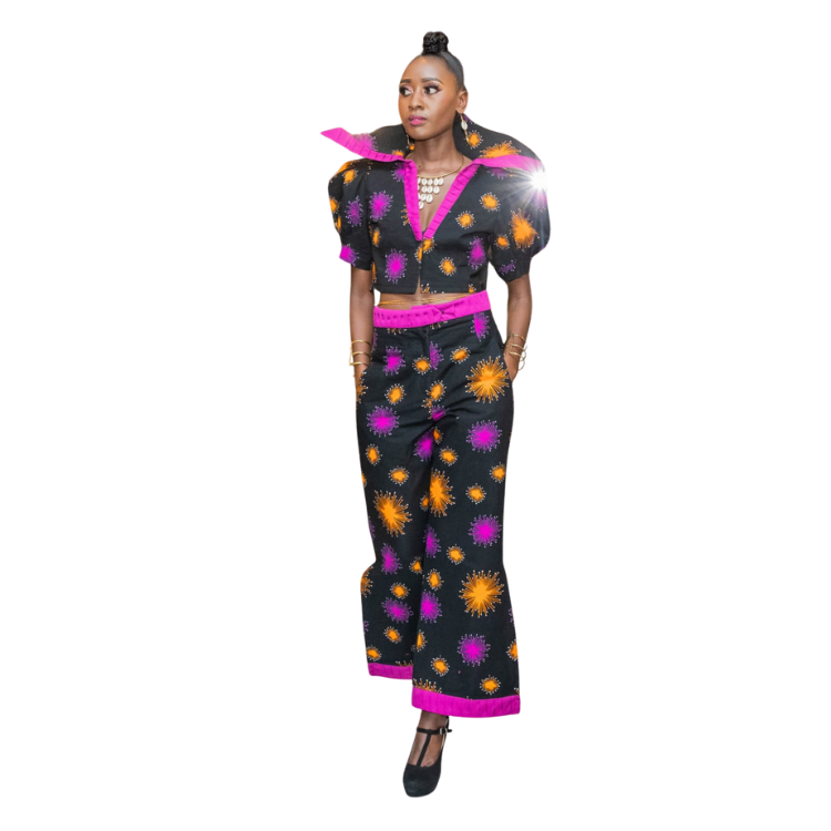 Ladies Ankara print cropped jacket with standing collar and matching palazzo pants