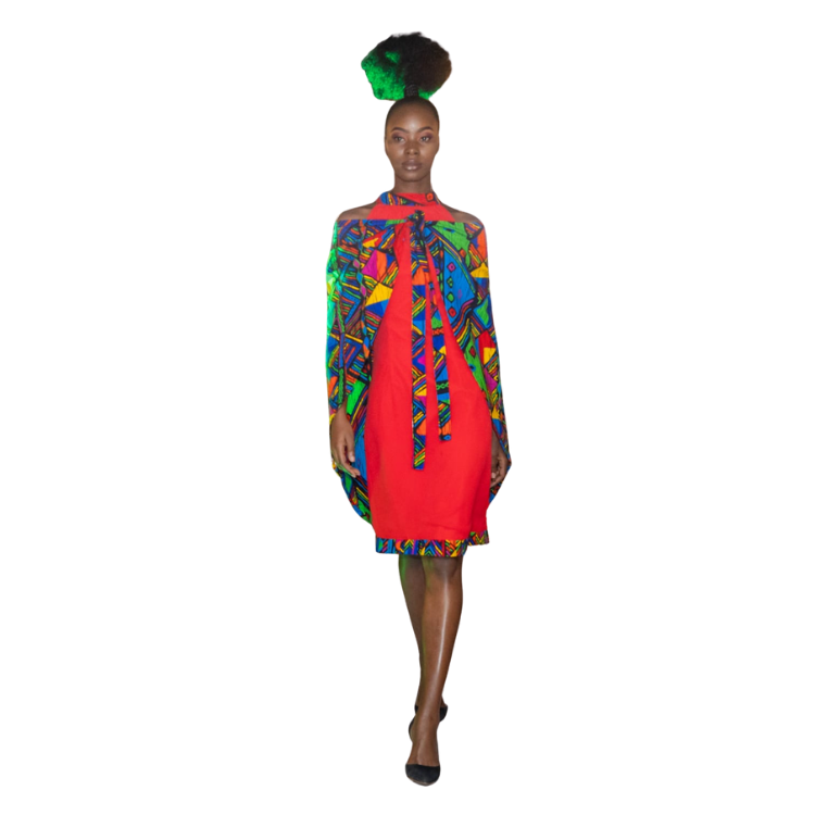 Ladies red chiffon halter neck dress with Ankara pleat details and multi-colored shoulder cape orwrap around skirt