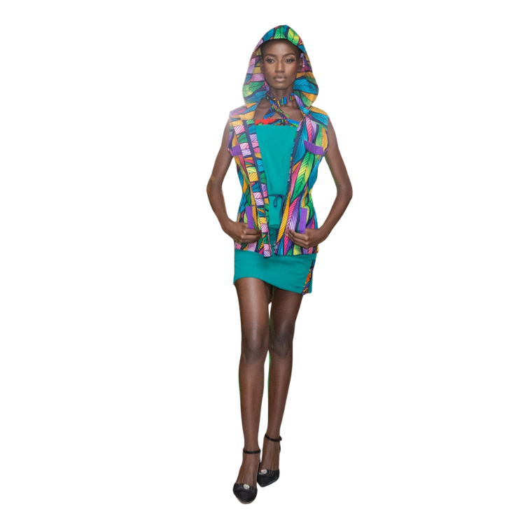 Laides 3 Piece Signature Safari Ankara Multi-colored jacket with hoodie, Chiffon halter neck top and chiffon skirt
