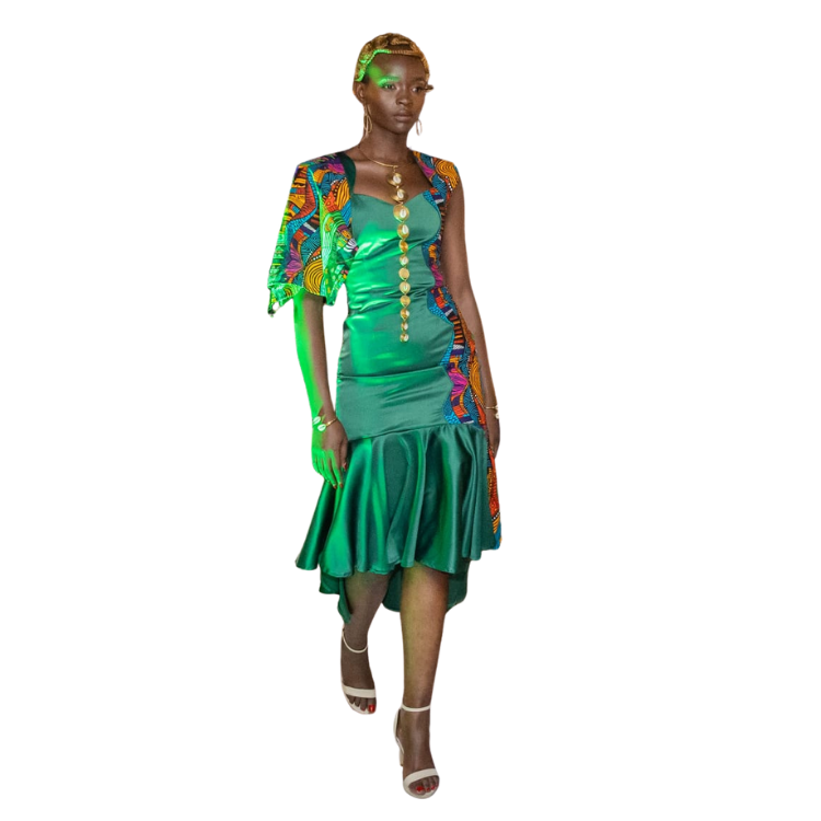Ladies Sassy Satin dress with Ankara shoulder and side dress detail with high low effect