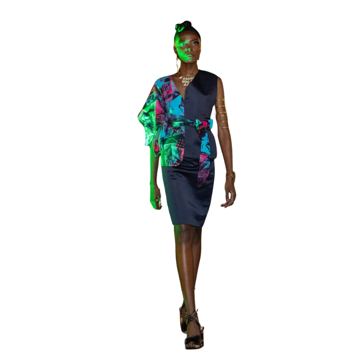Ladies Sassy Satin Top with Ankara wings detail and plain satin skirt