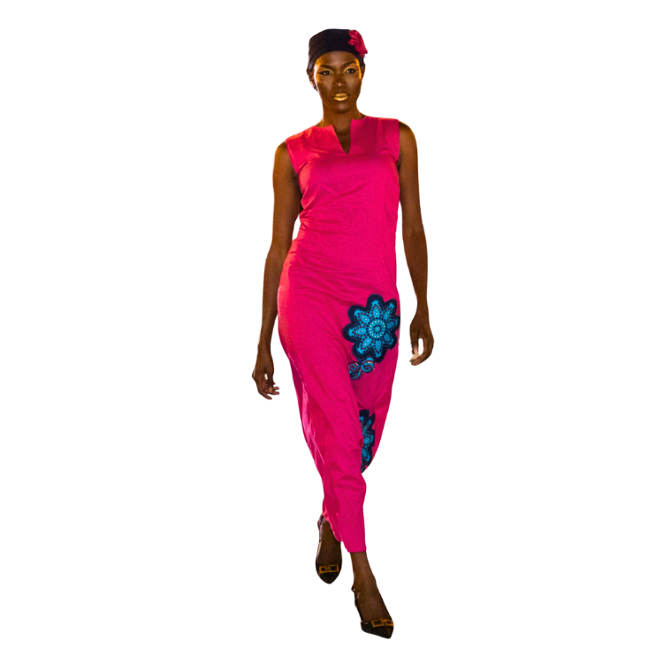 Ladies HAND-MADE Leso Applique Cotton Dress with matching coiffed hat with rose petals