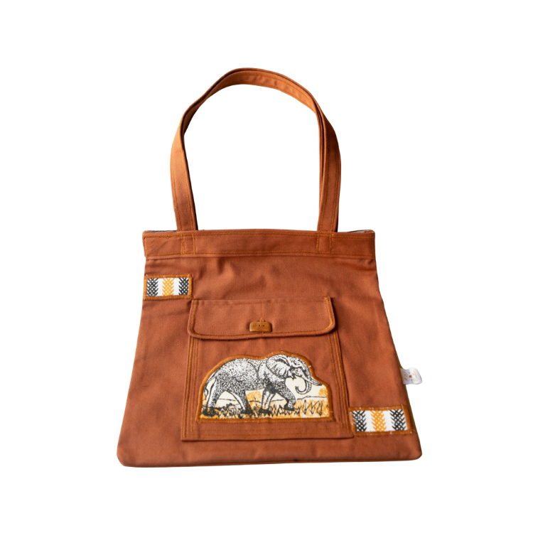 Signature Brown Canvas Cotton Tote Bags with White Elephant