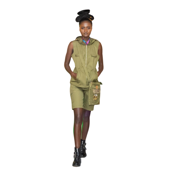 Ladies 3 Piece Jungle Green Signature Safari jacket with hoodie and Chiffon halter neck top and chiffon skirt